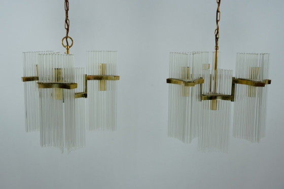 Image 1 of Coppia di lampadari in ottone e vetro di Gaetano Sciolari, Italia, anni '70