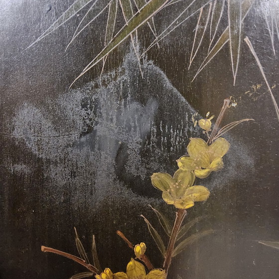 Image 1 of Vintage black Chinese lacquer cabinet with flowers and birds / bohemian / Asian / Oriental cabinet