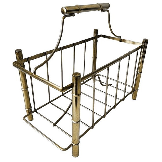 Image 1 of Vintage Hollywood Regency Faux Bamboo Newspaper Rack Magazine Basket Gold Metal Magazine Rack 1960s