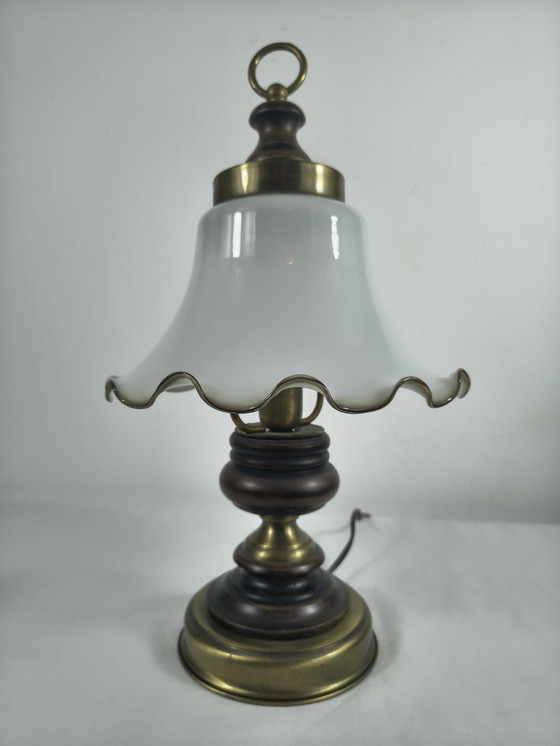 Image 1 of Vintage brass wood table lamp with opaline glass shade – classic / country style
