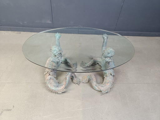 Vintage Bronze Putti Mermen Coffee Table, 1960s
