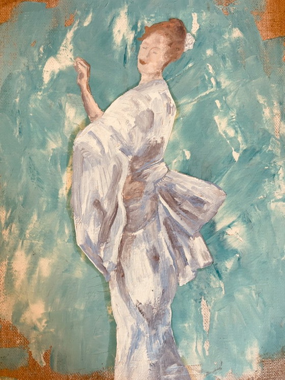 Image 1 of Signed oil painting on canvas, female portrait "Geisha Blues"