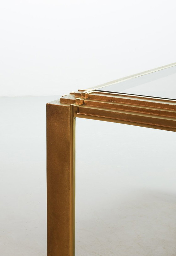 Image 1 of Hollywood Regency Solid Brass Square Coffee Table with Smokey Glass Top Attributed to Peter Ghyczy, 1970s. 