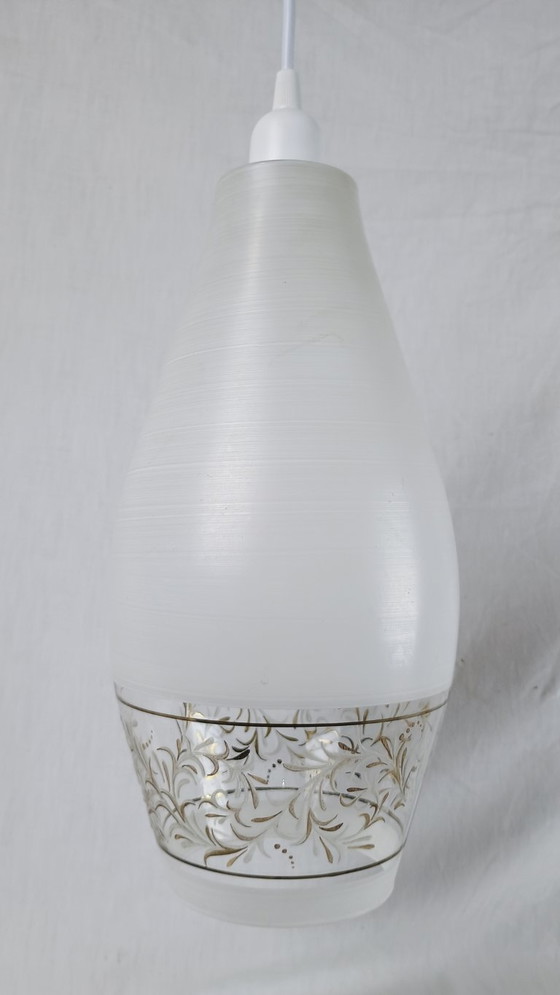 Image 1 of Lampada a sospensione da soffitto LUNEL Lanterna testurizzata in vetro bianco, stile vintage di metà secolo