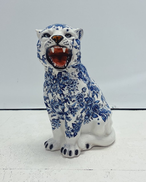 Sculpture de tigre en céramique - Bleu de Delft
