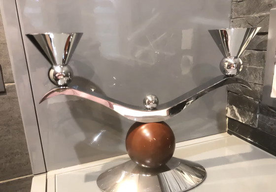 Image 1 of Art Deco Memphis Doppelter Kerzenständer aus Silbermetall und Holz