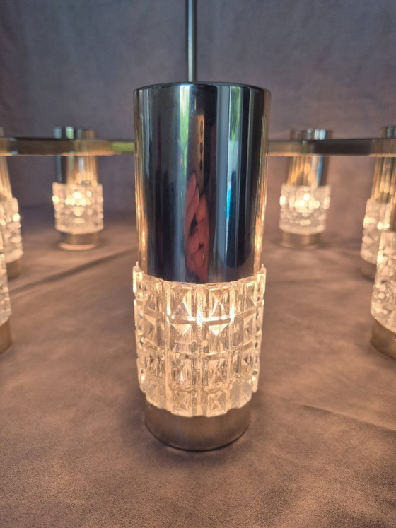 Image 1 of Lustre Kaiser Leuchten 42481/081 Vintage en chrome et verre texturé, 8 lumières, Allemagne, style moderne du milieu du XXe siècl