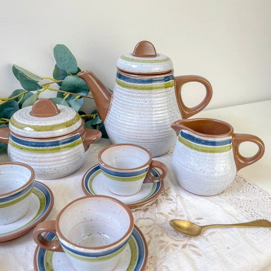 Servizio da caffè vintage in gres maculato grigio anni '50 con strisce verdi e blu - Tazze da caffè vintage (photo 3 of 14)