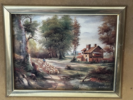 Enamel on Metal Signed ESTHER – Pastoral Landscape – Vintage Framed – Paintings & Drawings, Wood (photo 3 of 13)