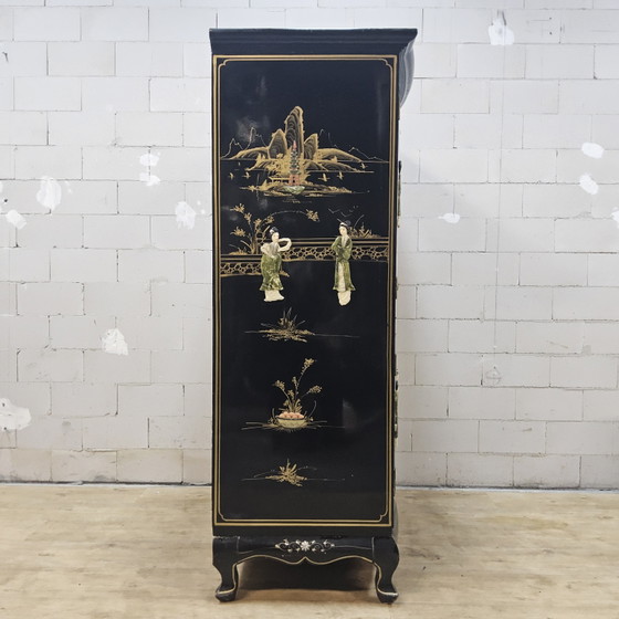 Vintage Chinese black lacquer cabinet (soapstone, mother-of-pearl) bohemian / oriental cabinet ^ bridal (photo 5 of 15)