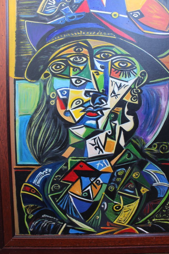 Image 1 of Contemporary Cubist Style Figurative Acrylic Modernistic Painting After Pablo Picasso, Circa 1980