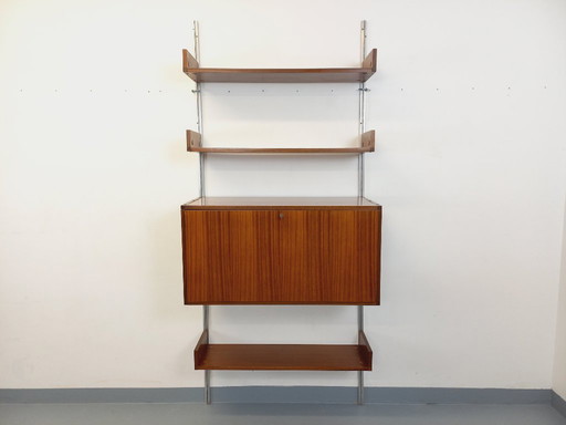 Vintage ARP Minvielle wandboekenkast met secretair van Guariche Mortier Motte, vervaardigd uit mahoniehout en aluminium.