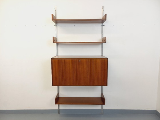 Image 1 of Bibliothèque étagère murale avec secrétaire bar vintage ARP Minvielle par Guariche Mortier Motte en bois d’acajou et aluminium d