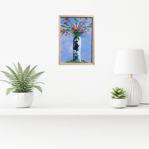 Acrylic painting with palette knife, vase of flowers