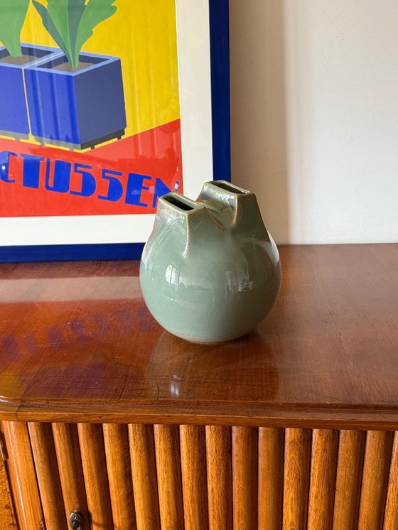 Image 1 of Mid-century Modern green spherical stoneware vase, Franco Bucci Italy ca. 1970