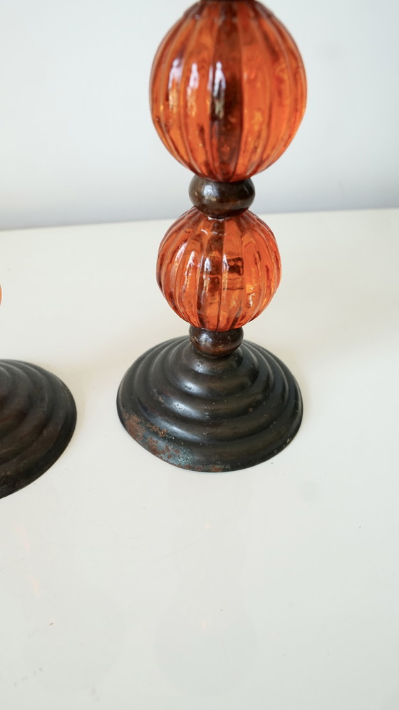 Image 1 of Pair of vintage candlesticks in metal and orange blown glass - 70s style