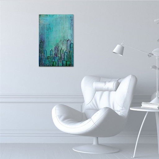 Contemporary paintig in teal, purple and green shades, acrylic on canvas