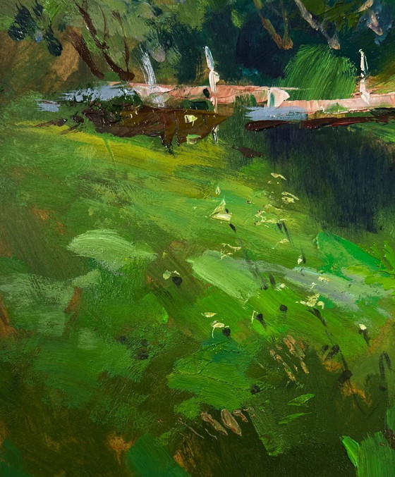 Image 1 of Original Oil Painting Summer Village Landscape Quiet Conversations of Girls