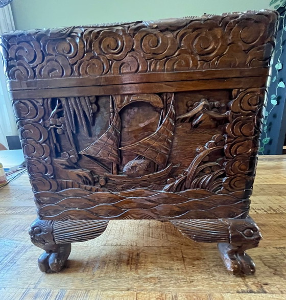 Image 1 of Antique Chinese camphor chest with rich wood carving