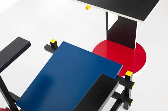 Image 1 of Red-blue chair (without proof) & Schroeder table by Gerrit Rietveld for Cassina, set of 2