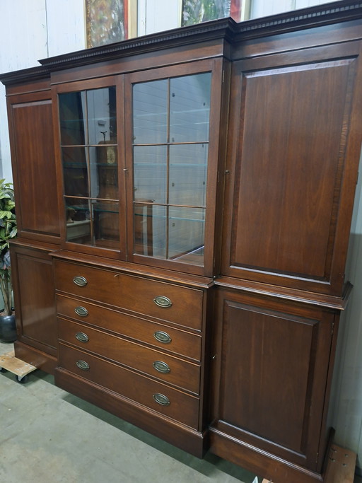Antieke Engelse vitrinekast, boekenkast, wandmeubel,  met secretaire met ingelegd leer afm. 243x47cm en 221 cm hoog
