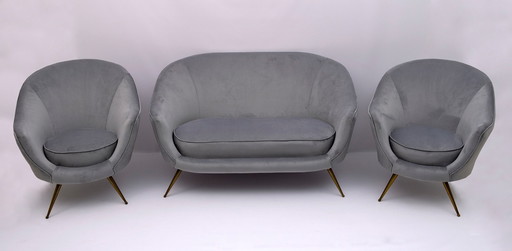 Federico Munari Mid-Century Modern Italian Curved Sofa and Two Armchairs, 1950s