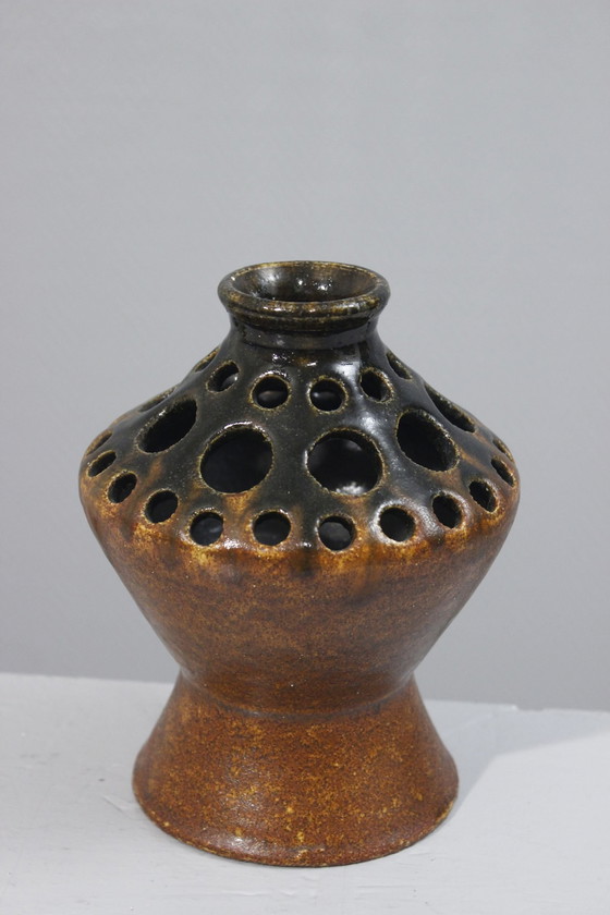 Image 1 of Cerámica Accolay - Jarrón de flores esmaltado marrón, Francia, circa 1950