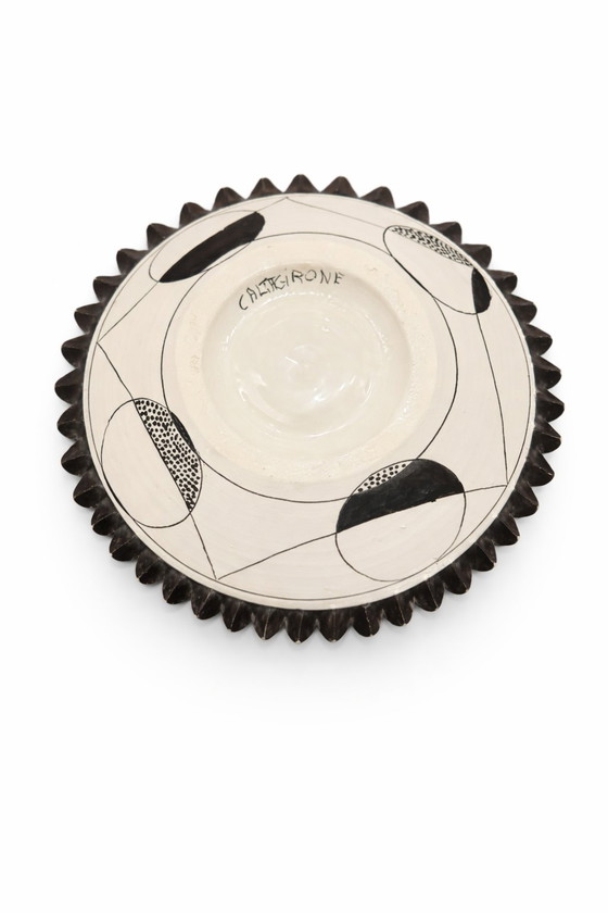 Image 1 of Caltagirone Ceramic Centerpiece, Sicilian Pottery Black & White Geometric Bowl, Hand-Painted Modernist Art, Handmade in Italy