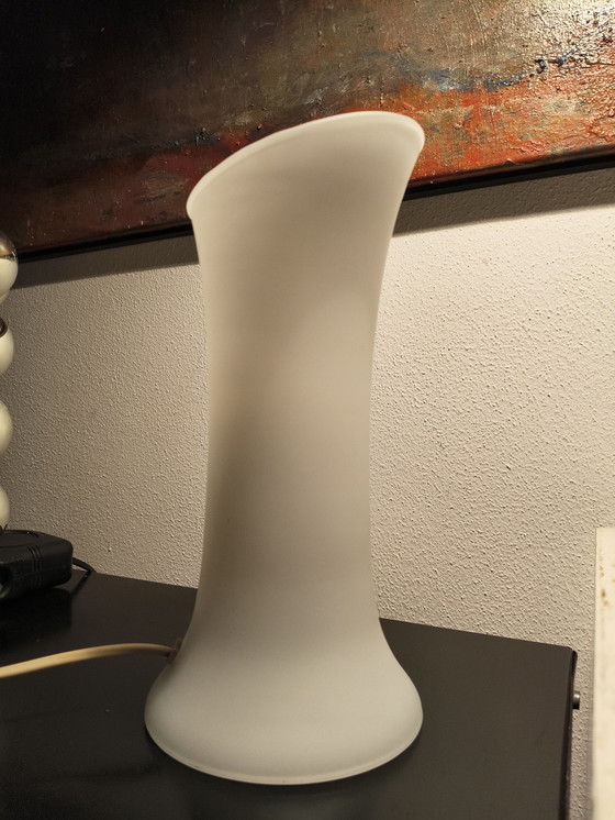 Image 1 of Vintage design white satin glass table lamp from the French brand SCE, model Hurricane. Height 28 cm