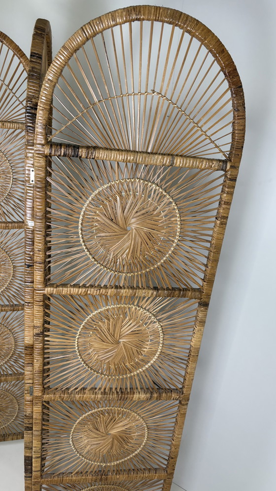 Image 1 of Vintage Sunburst rattan bamboo large folding screen room divider