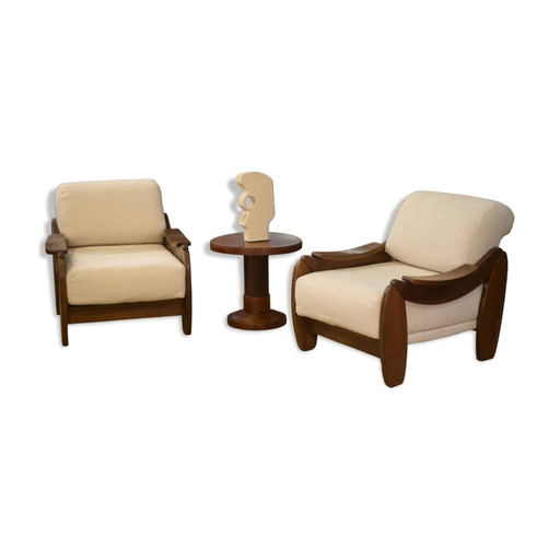 Brutalist pair of armchairs in mahogany and cream boucle 1970s.