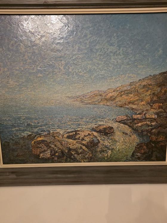Paesaggio costiero mediterraneo suggestivo, J. Keustermans (1967), Arte, Legno, Tela, Blu (foto 9 di 15)
