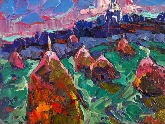 Image 1 of Original Oil Painting Sunset Field Landscape The evening is falling silent