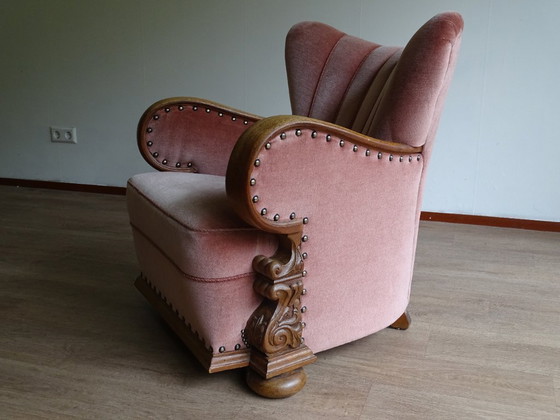 Image 1 of ⚠️ 2 sur 4 encore disponibles | Fauteuils club Art déco (env. 1920-1950) | Velours rose poudré | Chêne sculpté