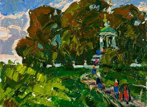 Origineel olieverfschilderij: Zomerlandschap, stilte in het groene hart van de tuin.