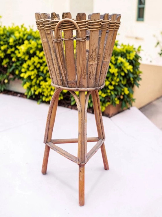 Rotan plantenstandaard uit de jaren 60 – Plantenbak, Wicker, Rattan, Bohemian (photo 2 of 7)