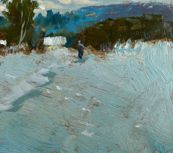Image 1 of Origineel olieverfschilderij: Winterlandschap, winterse schemering