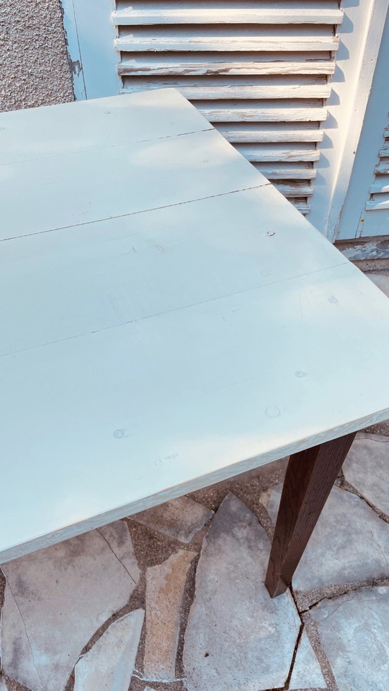 Image 1 of Vintage eikenhouten boerderijtafel met wit blad