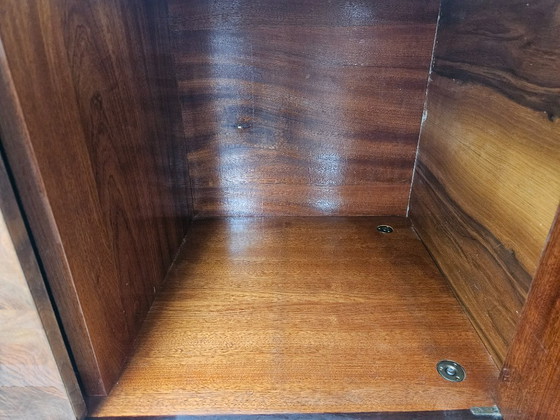 Image 1 of Mid-century mahogany sideboard from the 1950s with aqua green glass and a central bar compartment