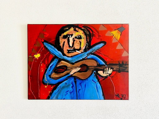 Original Abstract Painting Guitar Player Music Art Signed AK 2003 Modern Expressionist Colorful Wall Decor Canvas 