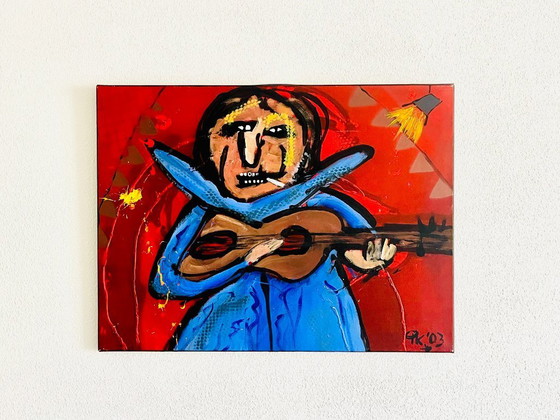 Image 1 of Original Abstract Painting Guitar Player Music Art Signed AK 2003 Modern Expressionist Colorful Wall Decor Canvas 