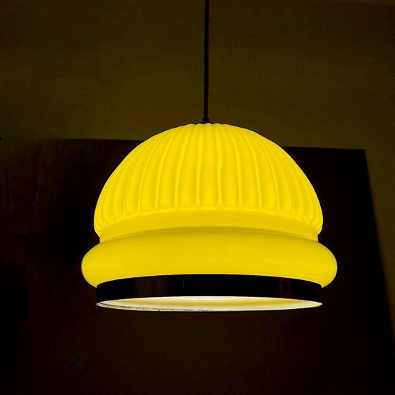 Image 1 of Large Space Age inspired yellow opaline ribbed glass dome hanging light for dining room, 1970s