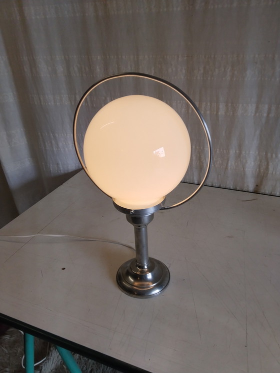 Image 1 of Table lamp in pewter and opaline glass globe - mid-20th century