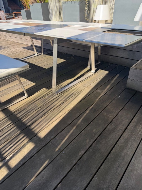 Exceptional extendable outdoor table + 2 stainless steel benches with marine upholstery - Design by (photo 3 of 12)
