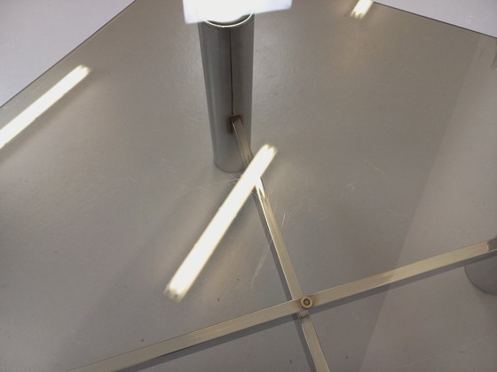 Image 1 of Vintage Italian square Space Age coffee table in smoked glass and chrome metal from the 1970s