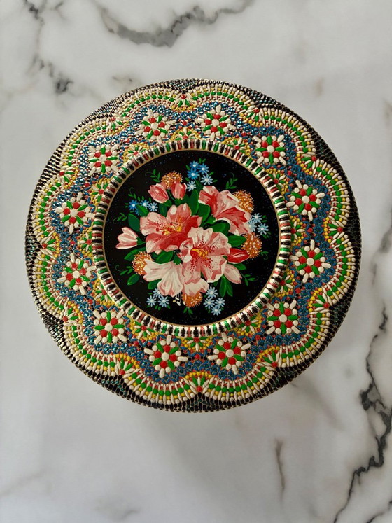 Image 1 of Vintage Nederlandse metalen doos met mozaïekpatroon