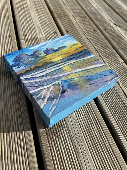 Beach At Twilight - Original Acrylic Painting on 3D Canvas – schilderijen tekeningen, Cotton (photo 2 of 13)