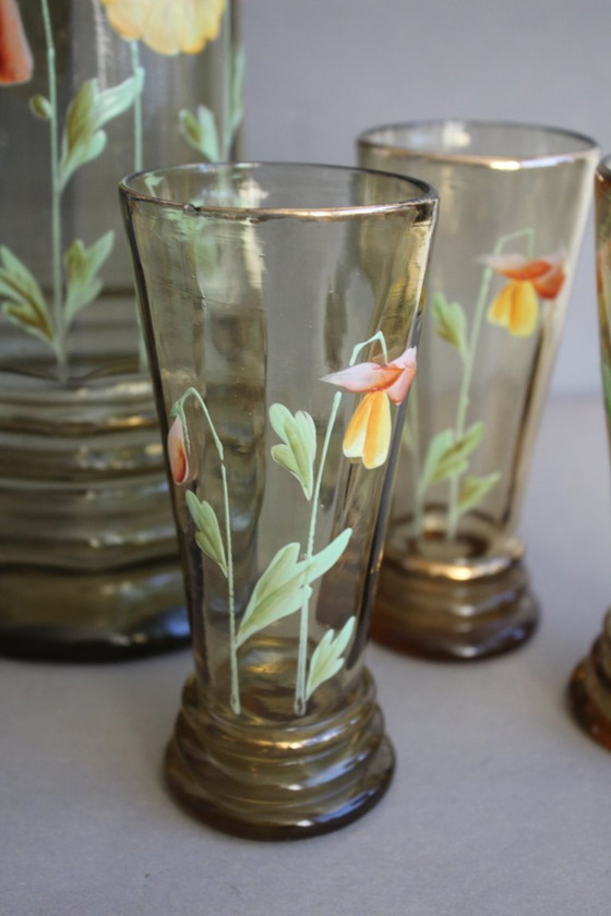 Image 1 of Antike hohe Bierkanne Krug grünes Glas Emailmalerei Blumen um 1900 mit 4 Gläsern