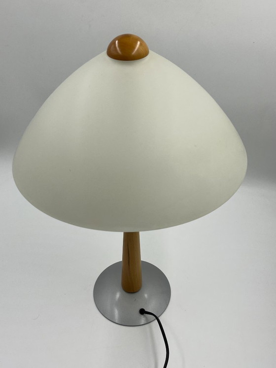 Large Modernist Opaline and Wood Table Lamp Massive, Metal, White (photo 9 of 12)