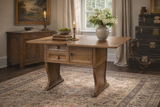 Vintage, platzsparender Couchtisch aus Holz in Buchform mit Schubladen und Fach